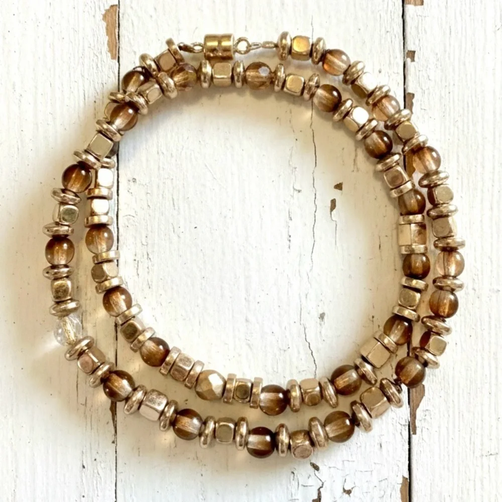 Gold Hematite & Ombre Brown Double Wire Wrap Bracelet with a Gold Filled Clasp - Picture 1 of 3